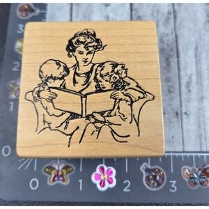 Magenta Mom Lady Reading Book Story Kids Rubber Stamp Wood #A20
